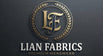 A gold and black circular monogram logo with the letters 'L' and 'F' inside a laurel wreath, above the text 'LIAN FABRICS' and 'PREMIUM MENSWEAR' on a dark charcoal background.